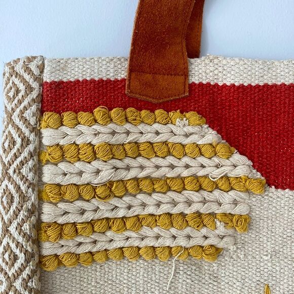 Roolee Red Yellow Neutral Patchwork Color Blocked Tote Bag Suede Leather Handles - Picture 3 of 9